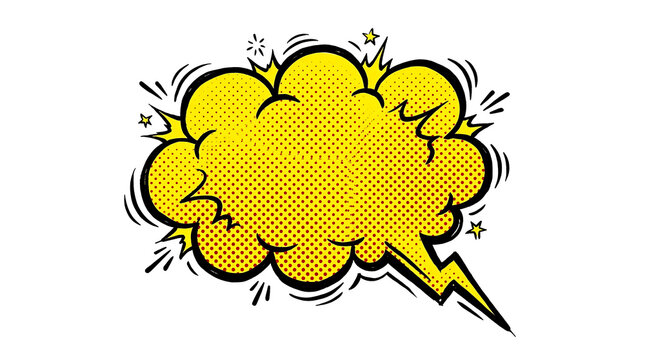 Comic book speech bubble with halftone dots. Yellow pop art explosion cloud on white. Retro cartoon shout frame for marketing.