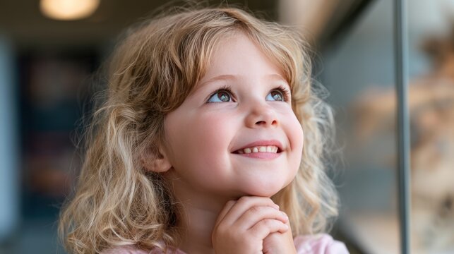 A young girl with curly blonde hair smiles as she looks up with hopeful eyes. Her hands are clasped together, suggesting wonder or prayer