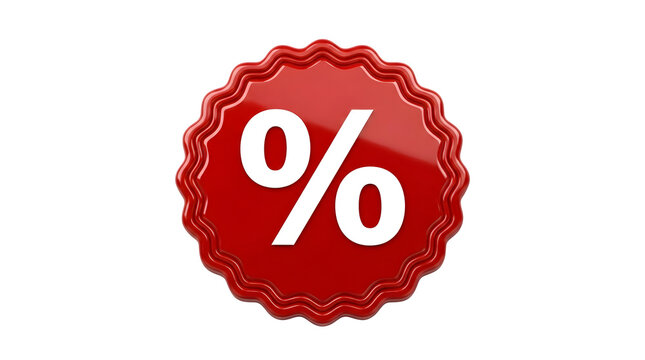 Red percentage sign badge, glossy discount sticker icon, retail sale and promotion label isolated on white background