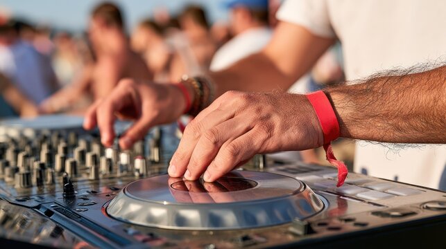 A close-up shot of a DJ's hands controlling a mixer at an outdoor event. The DJ is wearing red wristbands and bracelets, with a crowd blurred in the background under the bright sun
