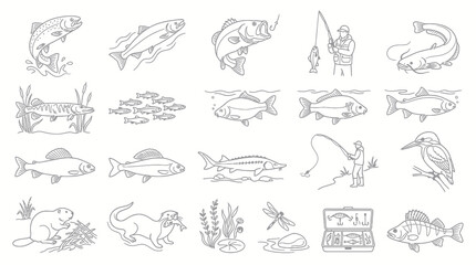 Fototapeta premium Fishing Theme Line Art: Fish, Fisherman, Otter, Beaver, Kingfisher, Tackle Box