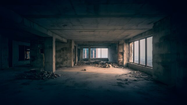 Urban ruin at dusk with soft light through a broken window onto a dusty floor. real-estate listings.