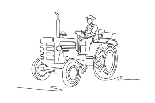 Continuous one line drawing young man wearing hat driving an agricultural tractor. Rural farming activities, field cultivation, and farm machinery. Single line draw design vector graphic illustration