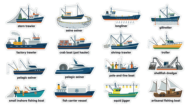 Set of Fishing Boats, Nautical Transportation, Flat Illustration, Seafood Industry