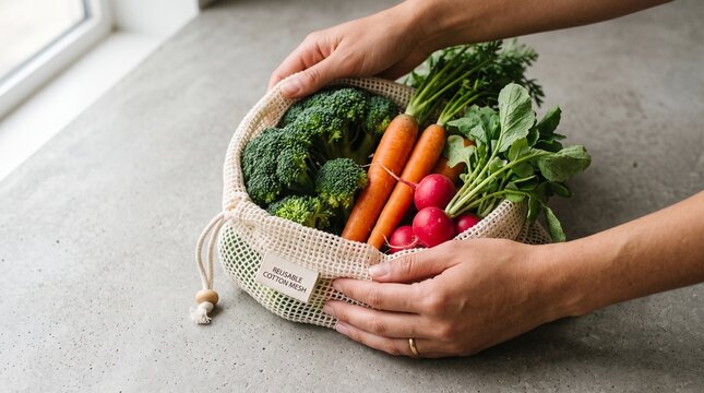 Person Holding Reusable Cotton Mesh Bag Filled with Fresh Organic Vegetables Broccoli Carrots and Radishes for World Food Day