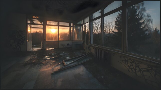 Urban ruin at dusk with soft light through a broken window onto a dusty floor. real-estate listings.