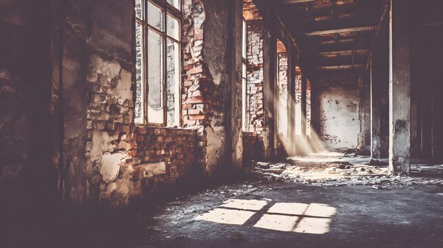 Urban ruin at dusk with soft light through a broken window onto a dusty floor. real-estate listings.