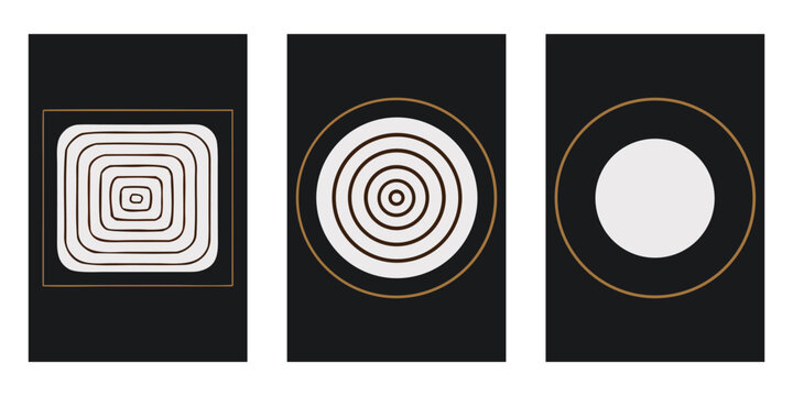 Set of 3 Minimalist Geometric Wall Art Posters with Concentric Circles Rounded Squares and Moon Phase Patterns on Dark Background Vector.