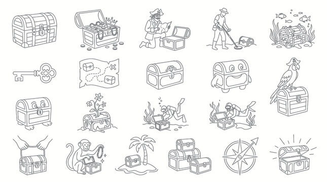 Black and White Line Art of Pirate Treasure Chests, Map, Key, Divers, Monkey, Compass