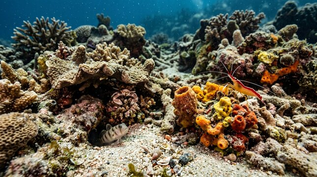 Highly detailed underwater macro photograph of a miniature &ldquo;reef city&rdquo; built naturally from coral rubble