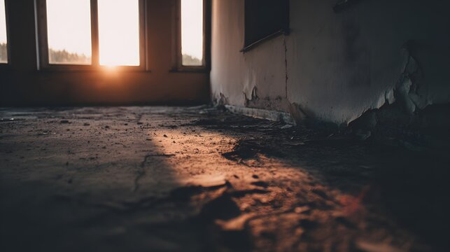 Urban ruin at dusk with soft light through a broken window onto a dusty floor. real-estate listings.