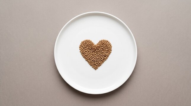 Heart Shape Made of Brown Lentils Lens Culinaris on White Plate on Grey Background for World Food Day and Healthy Nutrition