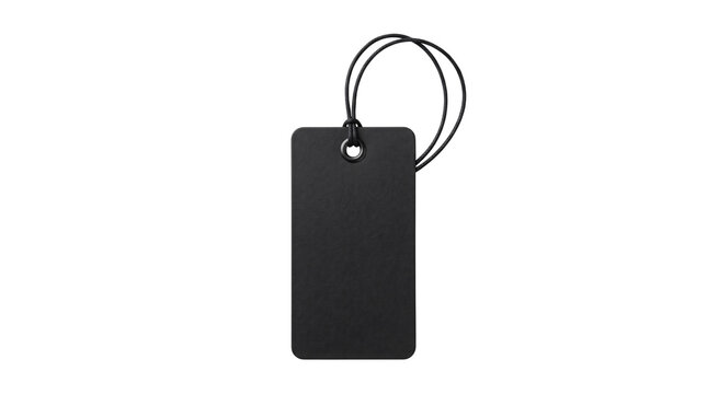 Black rectangular tag with string and metal grommet on white png isolated on transparent background