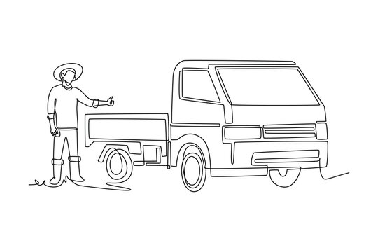 Continuous one line drawing young man farmer wearing straw hat giving thumbs up beside small pickup truck. Agricultural transport and rural harvest. Single line draw design vector graphic illustration