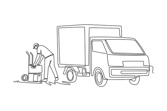 Continuous one line drawing young man courier loading cardboard parcel boxes onto a trolley cart behind a cargo van. Freight delivery and logistics. Single line draw design vector graphic illustration