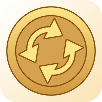 Golden exchange sync arrows coin flat icon thick outline.