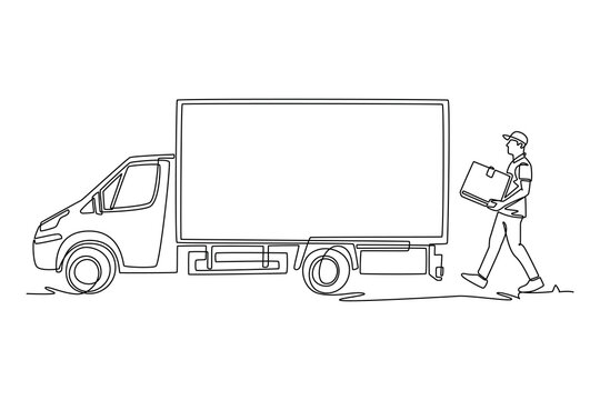 Continuous one line drawing young man courier holding parcel package while walking beside delivery cargo truck. Freight logistics, shipping service. Single line draw design vector graphic illustration