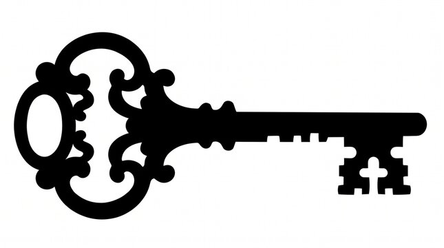 Black silhouette of an ornate antique skeleton key isolated on a white