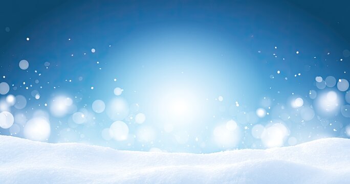 Soft, snowy landscape with glowing bokeh lights against a bright blue sky