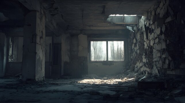 Urban ruin at dusk with soft light through a broken window onto a dusty floor. real-estate listings.