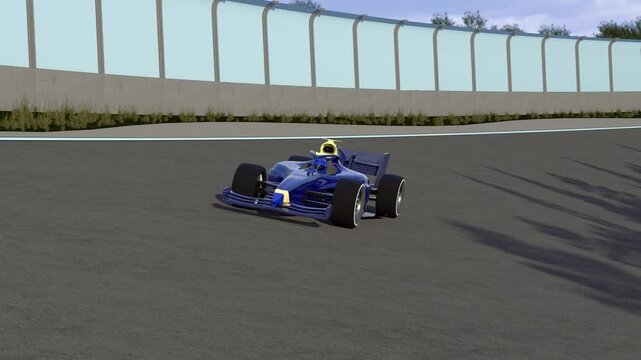 3D animation of a futuristic open-wheel race car speeding along a modern racing circuit, featuring motorsport action and victory concept.