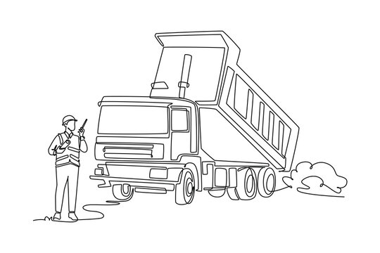 Single one line drawing man operating walkie-talkie beside raised dump truck at construction site, industrial transport and civil engineering. Continuous line draw design graphic vector illustration