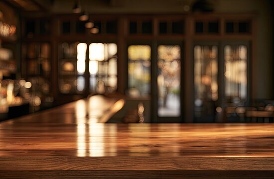 Warm, inviting cafe interior with polished wooden counter, soft light