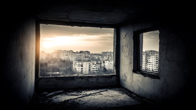Urban ruin at dusk with soft light through a broken window onto a dusty floor. real-estate listings.