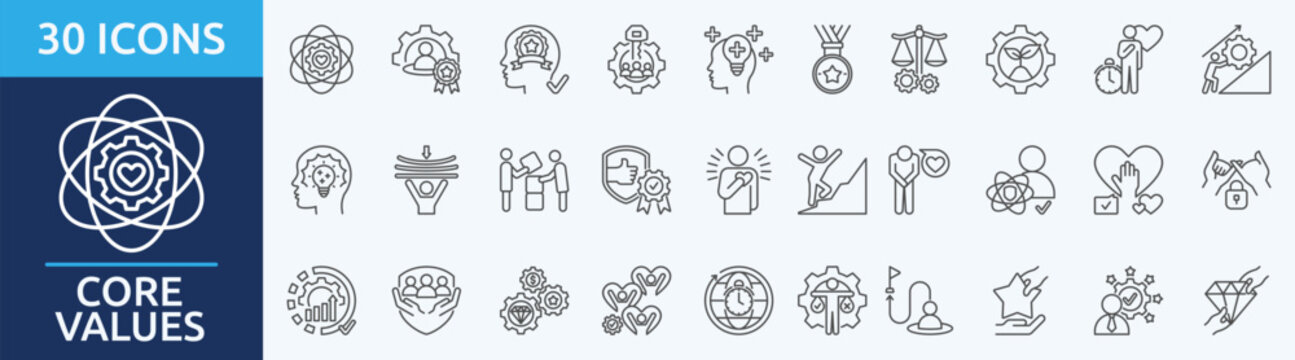 CORE VALUES - Icon Collection. Thin outline Set contains such Icons as customer focus, excellence, ownership, positivity attitude and more. Simple web icons set
