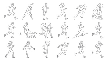 Obraz premium Black and White Line Art of Diverse People Exercising and Running