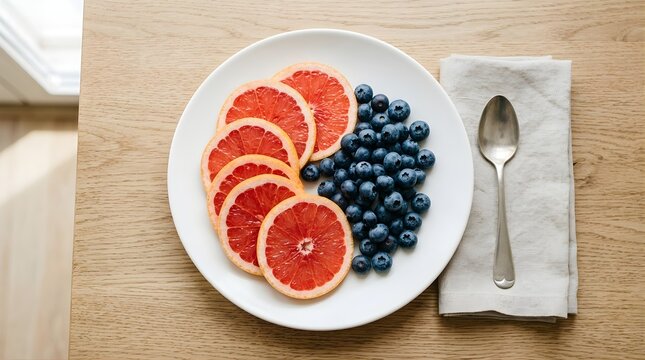Fresh grapefruit slices and blueberries on a plate for a healthy breakfast