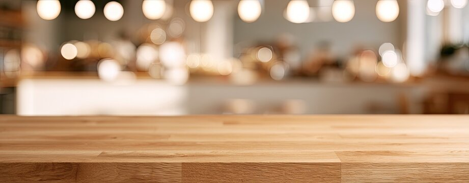 Empty wooden tabletop foreground with blurred warm interior lighting background