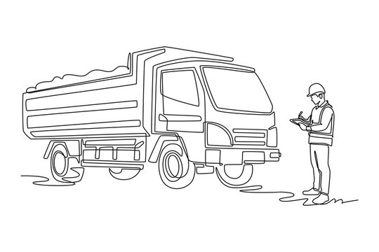 Single continuous line drawing male construction site inspector wearing safety helmet, vest while writing on clipboard beside loaded tipper dump truck. One line draw graphic design vector illustration