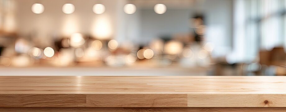 A warm, wooden tabletop in the foreground with a soft, blurred background of lights