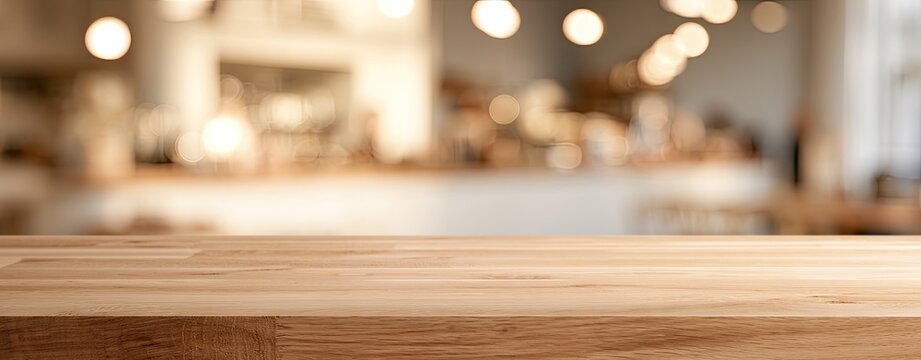 Wooden countertop foreground, blurred cafe background with soft lights