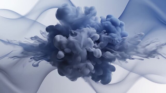 Abstract blue ink explosion in water, ethereal smoke cloud background, fluid motion of navy paint swirling on white, artistic liquid texture for cinematic transitions and creative overlays