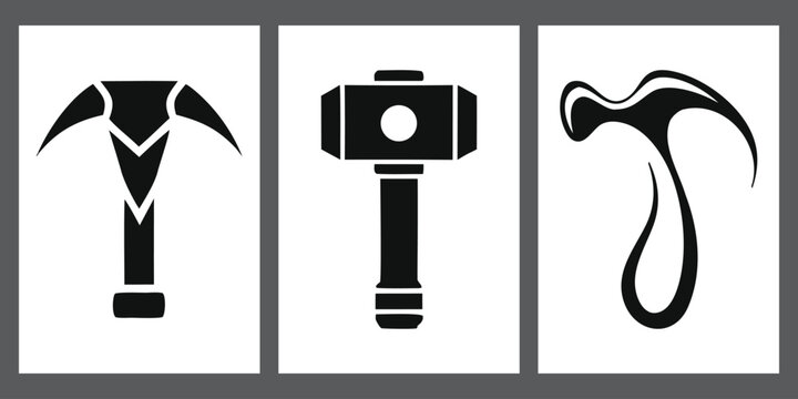Abstract hammer icon set with pickaxe, mallet, and claw hammer vector illustration.