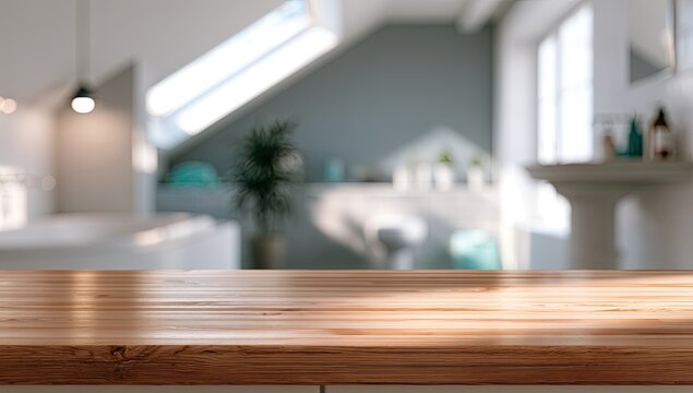 Blurred, sunlit modern bathroom interior with a wooden countertop