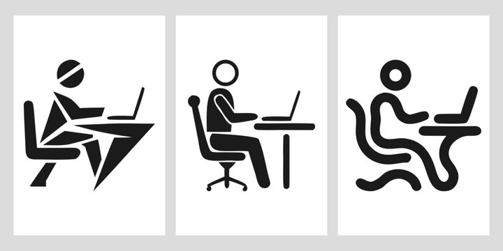 Minimalist businessman working on laptop silhouettes set featuring geometric and abstract fluid line art office worker sitting at desk isolated vector illustration icon logo.