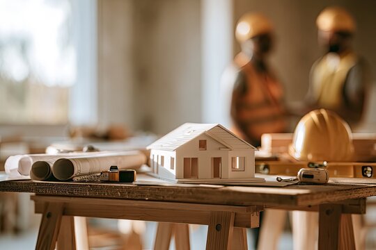 Model house, blueprints, tools on table, blurred builders behind