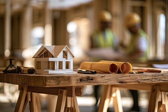 Model house and blueprints on workbench, builders in background