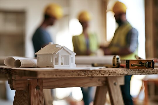 Model house on table with blueprints, tools, and construction workers in background