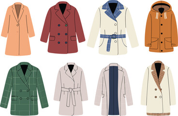 Winter Coat Collection, Flat Vector Illustration with Colorful Trench Coats Parkas and Stylish Outerwear Designs Set © Sharif