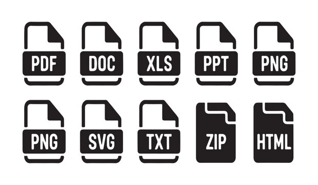 Digital file extension icons including pdf doc xls and png formats for document identification and software.