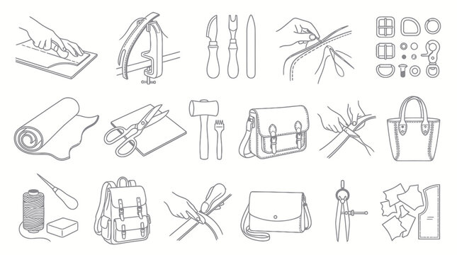 Leathercraft Tools, Materials, Artisanal Process, and Handmade Bags Black  White Line Art Icons Set