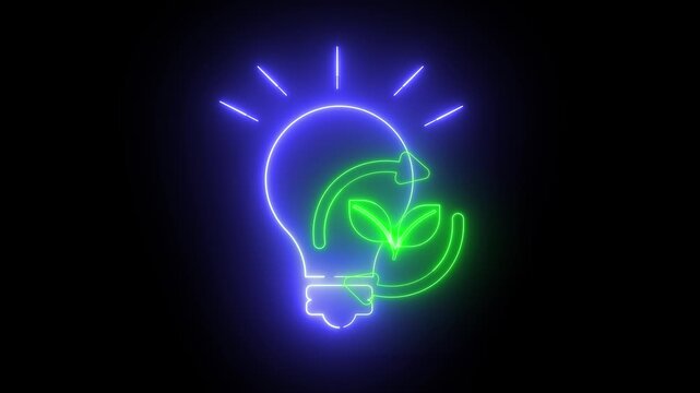 A neon light bulb glowing with a green sprout inside. The brilliant blue and green glow contrasts with the dark background. It symbolizes innovation, sustainability, and eco-friendly ideas.