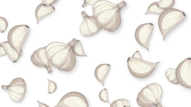 Animated Garlic Bulbs and Cloves Falling on White Background