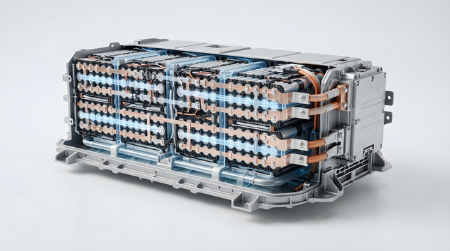 Industrial EV battery module with visible cell arrays, copper busbars and thermal management system for electric vehicle technology
