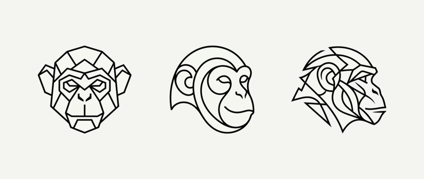 Three stylized monkey head line art designs on a light background