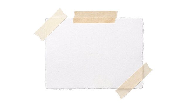 Torn white paper note held by beige tapes on black background, png isolated on, transparent background